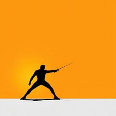 Silhouette of Fencer at Sunset Minimalist Orange Background