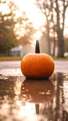 A lone, round orange gourd stands center stage in a reflective puddle, its stalk reaching upwards against a blurred outdoor backdrop