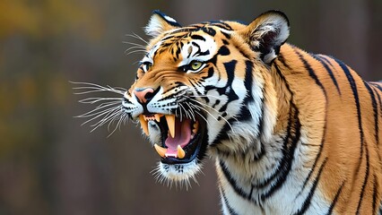 Dramatic close-up of a tiger roaring, sharp teeth and vivid fur detail, high defi