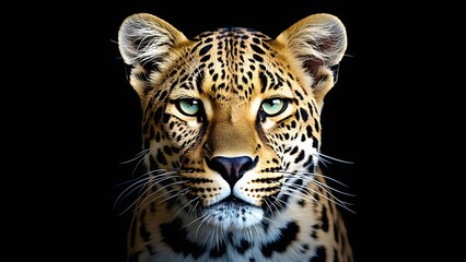 Obraz premium Leopard face illuminated softly, background completely dark, photorealistic