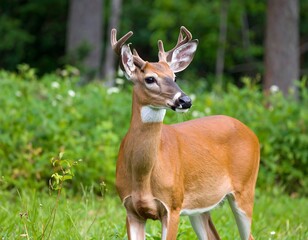 A majestic male ungulate, showcasing its velvety antlers, stands alertly in a vibrant, lush green meadow. The background features trees