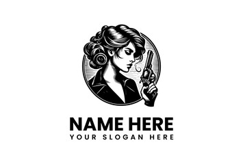 Vintage Gunwoman Logo Elegant Woman with Revolver for a Bold, Classic Brand