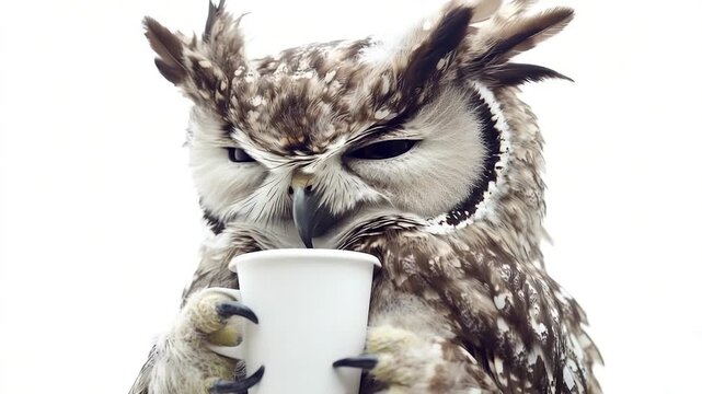 A close-up image of an owl grasping a cup, suitable for educational or decorative purposes