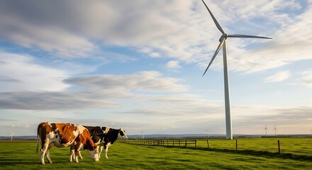 Cows Grazing Near Wind Turbine - Sustainable Agriculture and Renewable Energy.