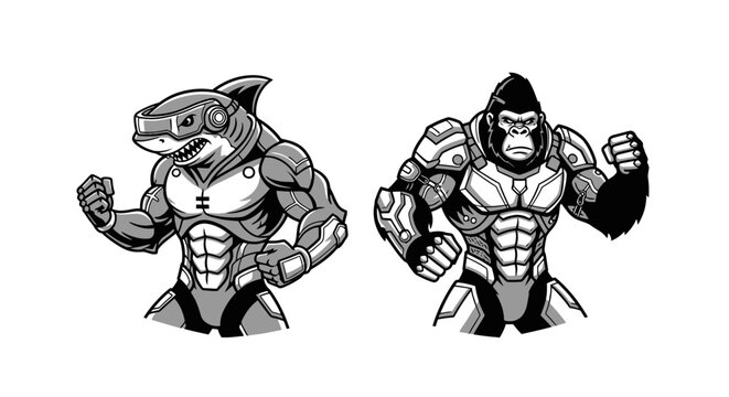 Digital illustration of a cyborg shark and gorilla, both muscular and ready for action.
