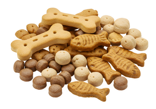 Assorted pet treats in various shapes including bones, fish, and round pellets, isolated on white or transparent background. PNG
