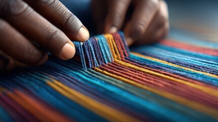 Obraz premium A close-up of hands weaving vibrant threads, showcasing intricate patterns and colors in textile art.