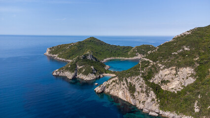 Porto Timoni, Corfu Island, Greece — Aerial Drone View of Twin Bays and Turquoise Sea