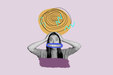 Full 3d art collage of happy girl guy speak spiral hoax brainwash puppet social media fake news propaganda disinformation