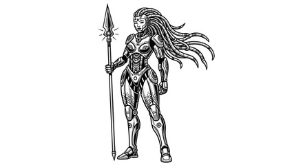 Engraving of a female warrior in futuristic armor holding a spear, with flowing hair, standing confidently.