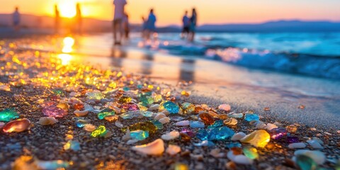 A vibrant beach scene at sunset, featuring colorful glass pieces scattered on the sand with silhouettes of people in the background.
