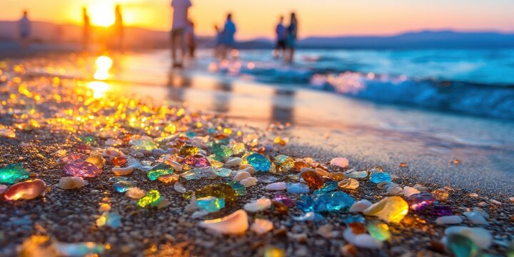 A vibrant beach scene at sunset, featuring colorful glass pieces scattered on the sand with silhouettes of people in the background.