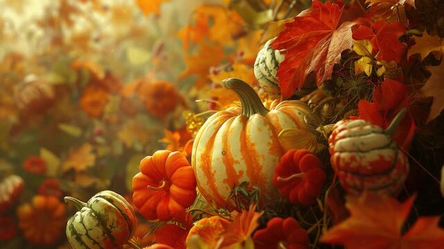 Video A collection of pumpkins and gourds adorn a tree branch, perfect for autumnal decorations or harvest-themed imagery