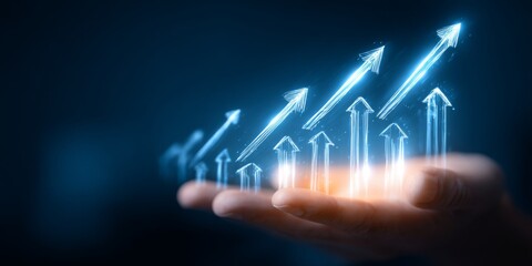 Digital representation of financial growth with glowing arrows and a hand holding upward trends in a dark blue background