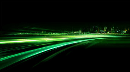 Abstract light trails in green and yellow colors over a dark background, representing speed and motion in a cityscape © Pickoloh