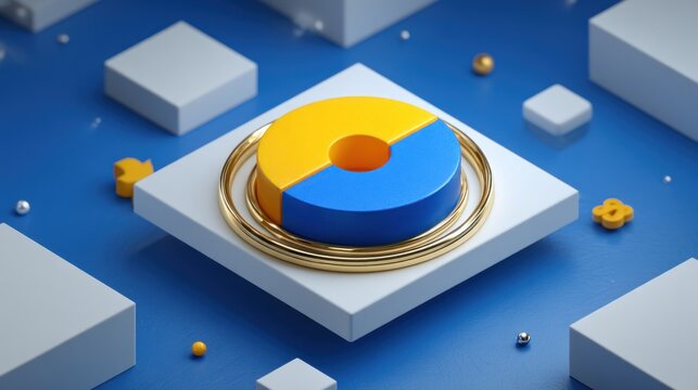 A vibrant, geometric representation of a pie chart, with segments of yellow and blue, positioned atop a white platform with gold rings, set against a deep blue background. - Powered by Adobe