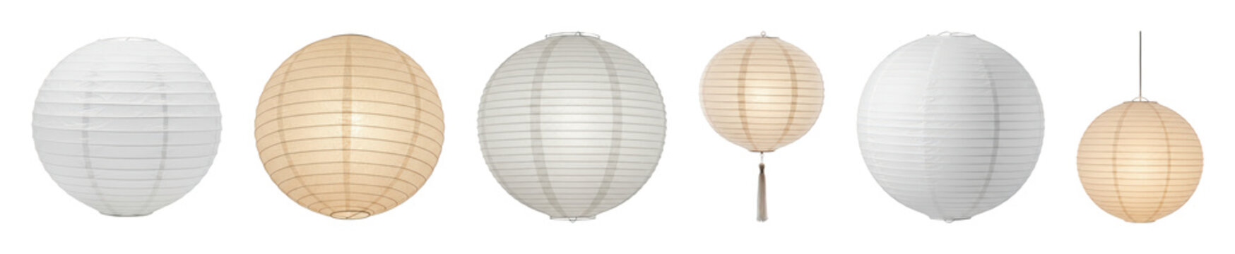 Paper lantern set including oval, round, white, and beige shapes isolated. Home and event decoration collection.