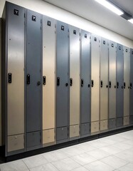 A row of tall, metal storage units are arranged in a line along a wall. They have two-tone colors and are situated inside a building