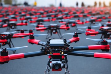 Hundreds of drones lined up on the tarmac ready for a coordinated flight demonstration