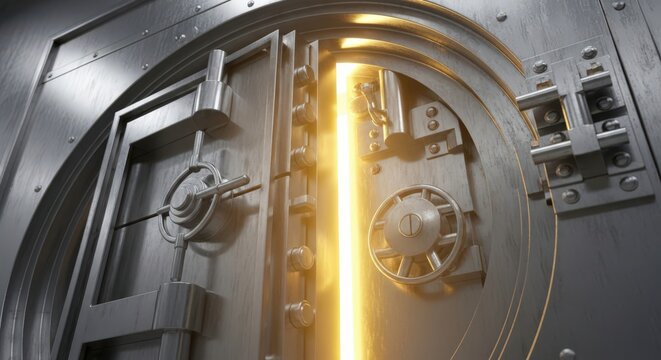 Massive Bank Vault Door Opening with Golden Light Shining Through.