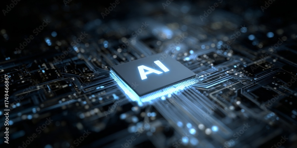 Wall mural abstract artificial intelligence concept with glowing circuits and glowing ai symbol representing te