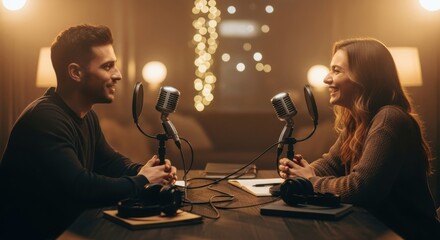 Two smiling people in a cozy studio, engaged in a podcast recording session with vintage microphones and warm bokeh lights.