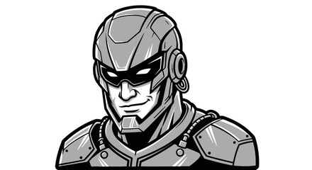 Close-up illustration of a futuristic armored character with a confident expression, wearing a helmet and shoulder pads.