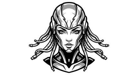 Monochrome illustration of a futuristic woman with cables and a helmet, showcasing a blend of human and technological elements.
