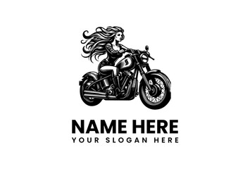 Vector illustration of a woman with long flowing hair riding a classic cruiser motorcycle, suitable for a biker club emblem