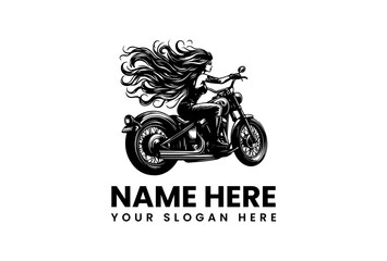 A powerful silhouette illustration of a female biker with wild, flowing hair riding a classic chopper motorcycle, designed as a bold emblem