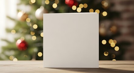 Blank white square card on a wooden table with christmas tree and lights in background