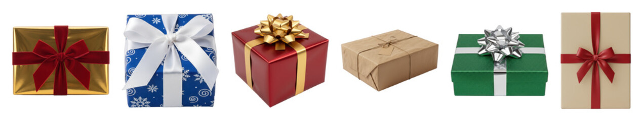 Obraz premium Gift box set including gold, red, blue, green, and kraft wrapped presents isolated. Holiday and celebration collection.