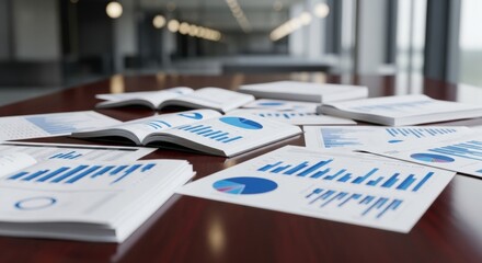 Business Meeting Table Cluttered with Financial Reports and Charts