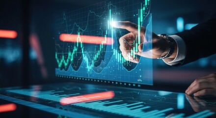Businessman's Hand Interacting with Futuristic Holographic Stock Market Data Display