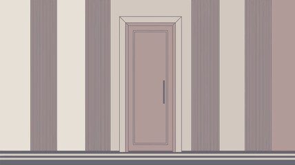 Fototapeta premium A closed door in a room with striped wallpaper in shades of beige and mauve with a grey baseboard