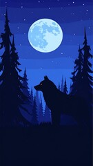 A lone wolf silhouetted against a moonlit night sky, framed by tall pine trees. Stars twinkle, and the forest is dark