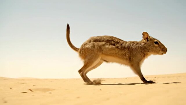 Hare jumping in the air over desert landscape