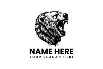 Fierce grizzly bear head roaring, a powerful hand-drawn mascot. This black and white vector illustration in a vintage engraving style is ideal for a logo