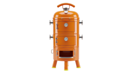 Isolated orange smoker barbecue appliance with rounded door and two temperature gauges, side handles