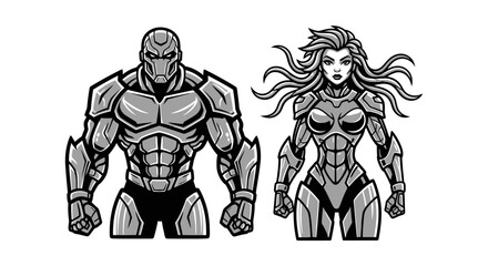 Two armored figures, a male and a female, standing side-by-side in a stylized, monochromatic illustration.