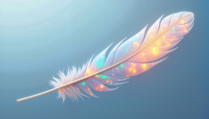 Obraz premium Glowing iridescent feather on a soft blue gradient backdrop, with space for text