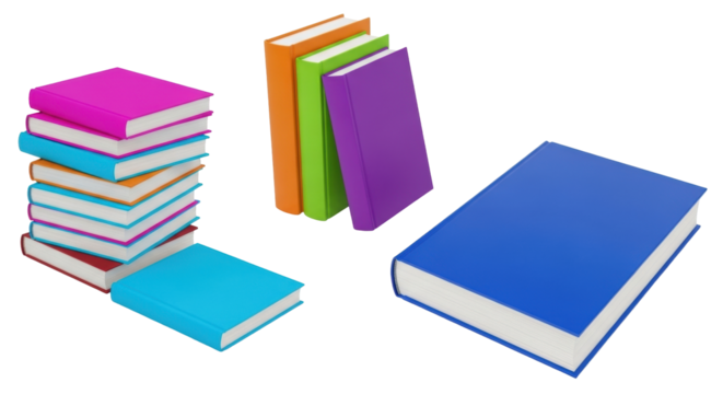 Isolated colorful books stand and lie on surface in a studio setting for educational themes