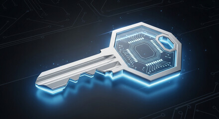 Digital key on a dark background with circuit board pattern, representing cyber security and data protection, technology concept, encryption