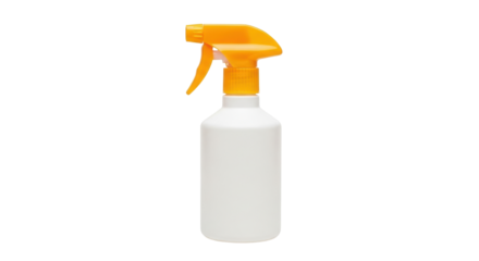 Isolated spray bottle with orange trigger and cap sits ready for cleaning or dispensing fluids