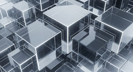 Abstract background of reflective glass and metal cubes.