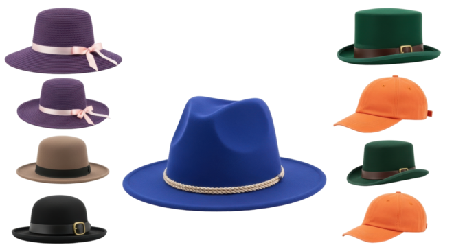 Isolated stylishly arrayed collection of colorful hats, perfect for adding flair to fashion shoots