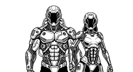 Two futuristic, armored cyborg figures stand side-by-side, a larger male figure and a smaller female figure, rendered in black and white.
