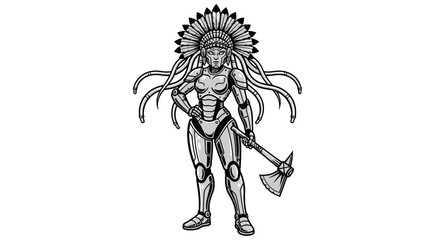 Fototapeta premium Illustration of a female cyborg warrior with a headdress holding an axe, standing in a confident pose.