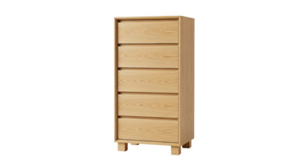 Isolated wood chest of drawers, tallboy with multiple storage shelves in light timber tone