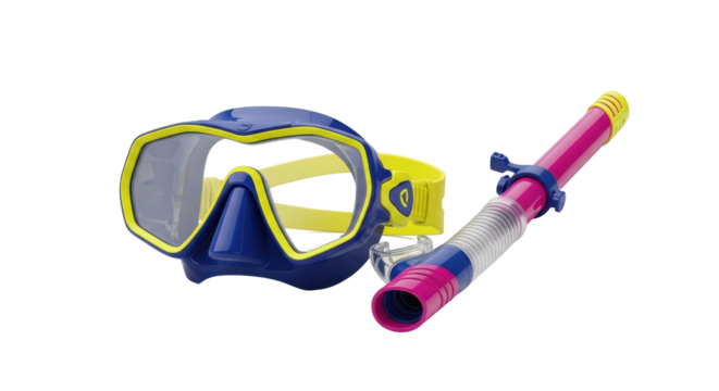 Isolated diving snorkeling set mask with yellow trim snorkel pink and blue, summer water fun